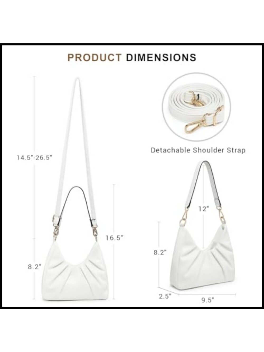 Pleated Vegan Leather Hobo Bag Removable Strap Crossbody Purse - Picture 3 of 6